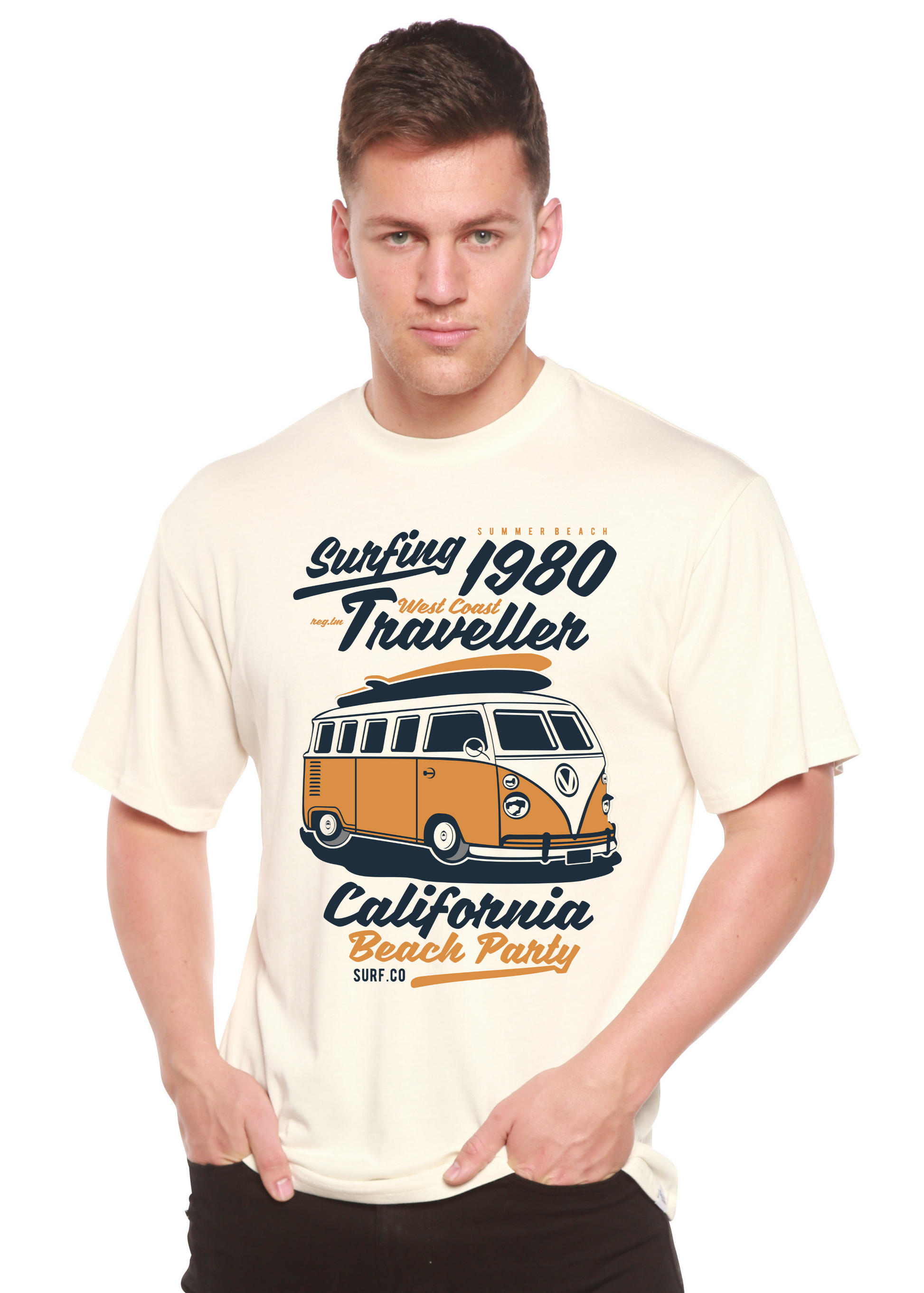 Spun Bamboo men's cream short sleeve graphic T-shirt with Surfing 1980 and vintage orange VW bus print on Tampa Home & Garden Store