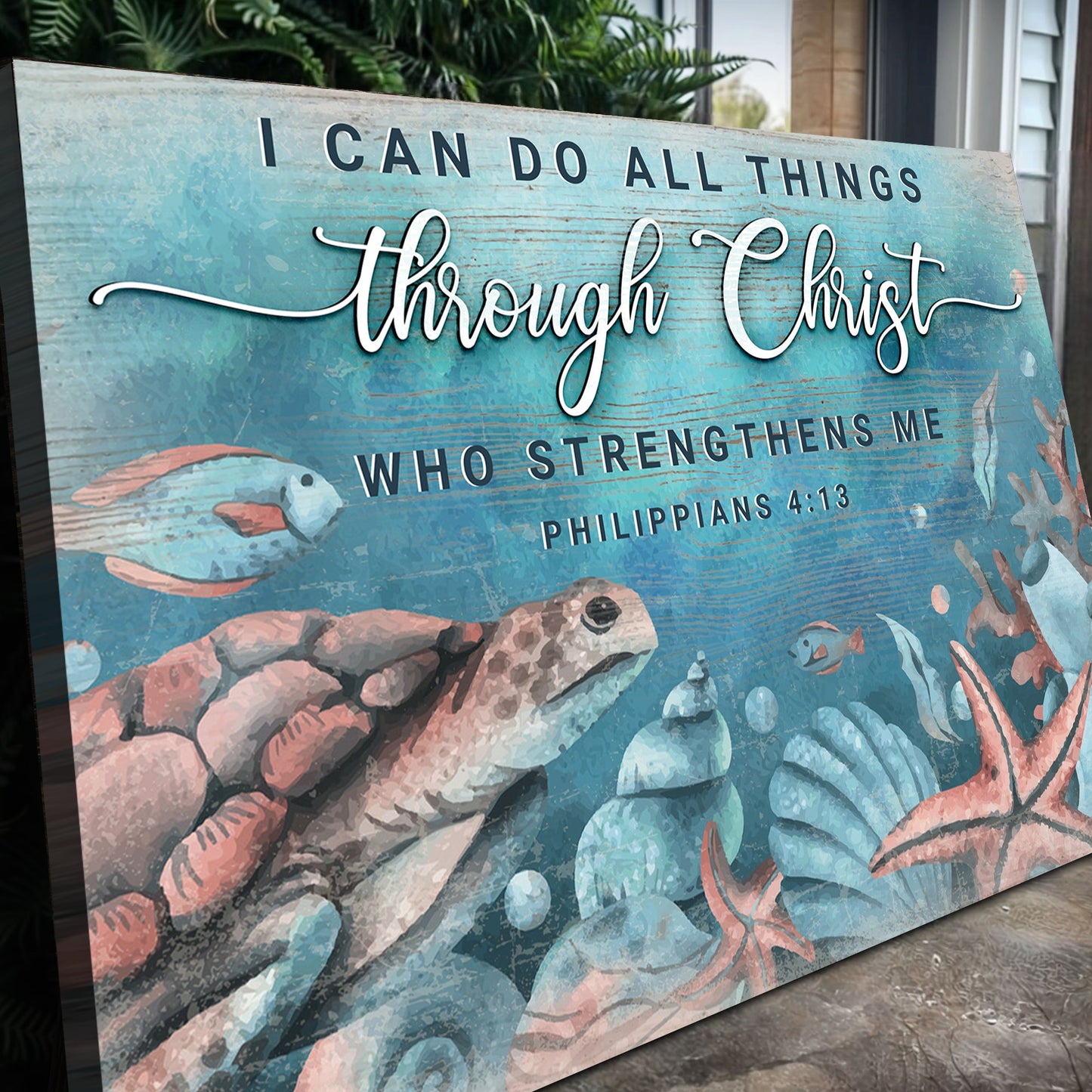 Canvas faith sign I Can Do All Things Through Christ Tailored Canvases turquoise background on Tampa Home & Garden Store