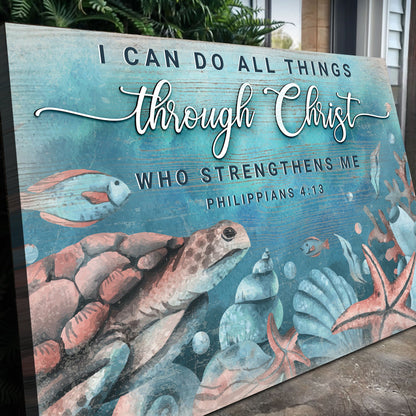 Canvas faith sign I Can Do All Things Through Christ Tailored Canvases turquoise background on Tampa Home & Garden Store