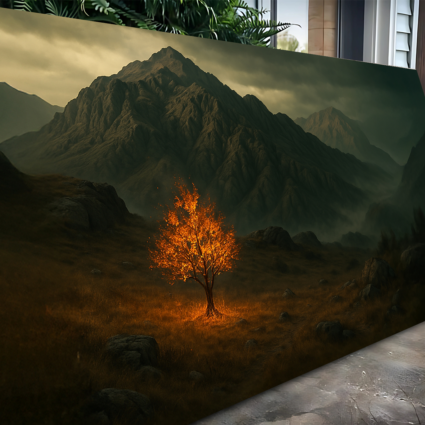 Burning Bush Faith Wall Art V canvas: glowing orange tree in a moody mountain landscape on Tampa Home & Garden Store