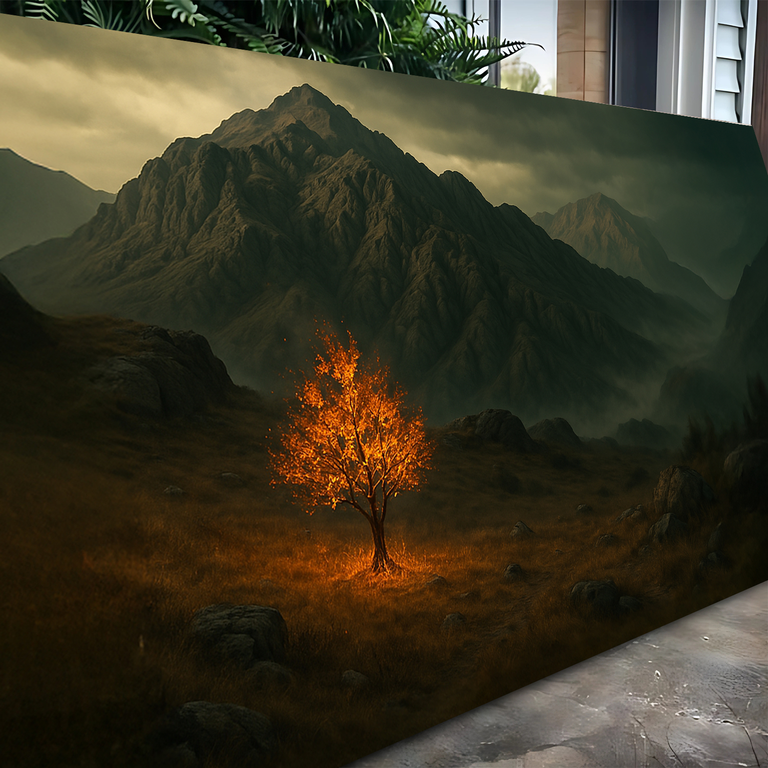 Burning Bush Faith Wall Art V canvas: glowing orange tree in a moody mountain landscape on Tampa Home & Garden Store