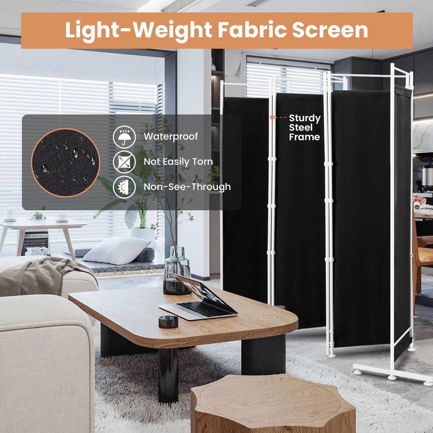 Divisor de ambientes plegable de 6 paneles con base de soporte de acero - Negro