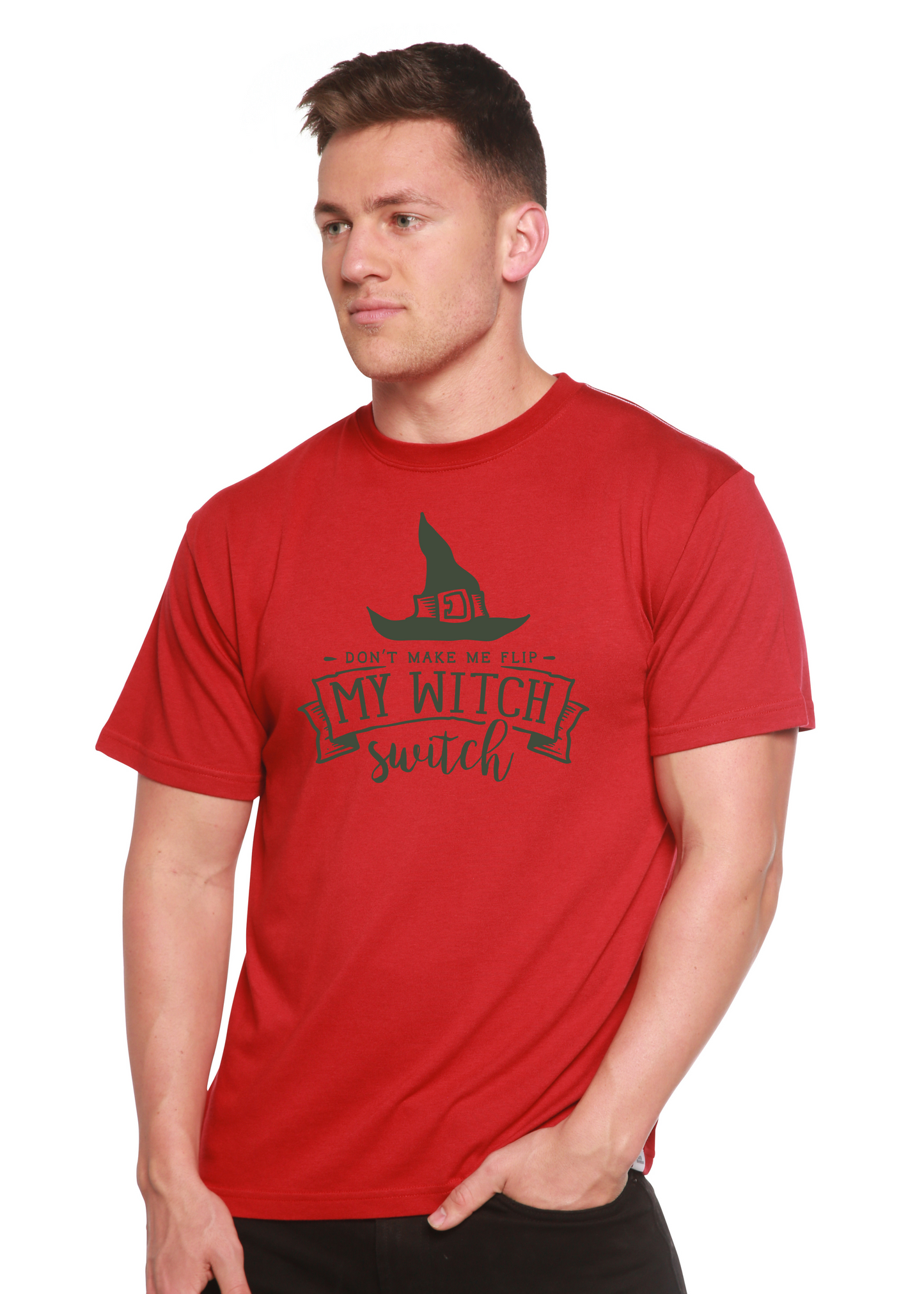 Red unisex bamboo viscose/organic cotton T-shirt with black witch graphic by Spun Bamboo on Tampa Home & Garden Store