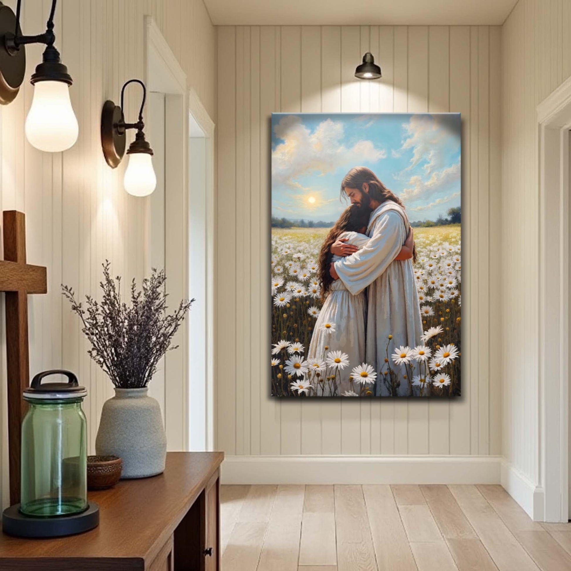 Jesus Hugging Woman Faith Wall Art canvas by Tailored Canvases, daisies field scene on Tampa Home & Garden Store