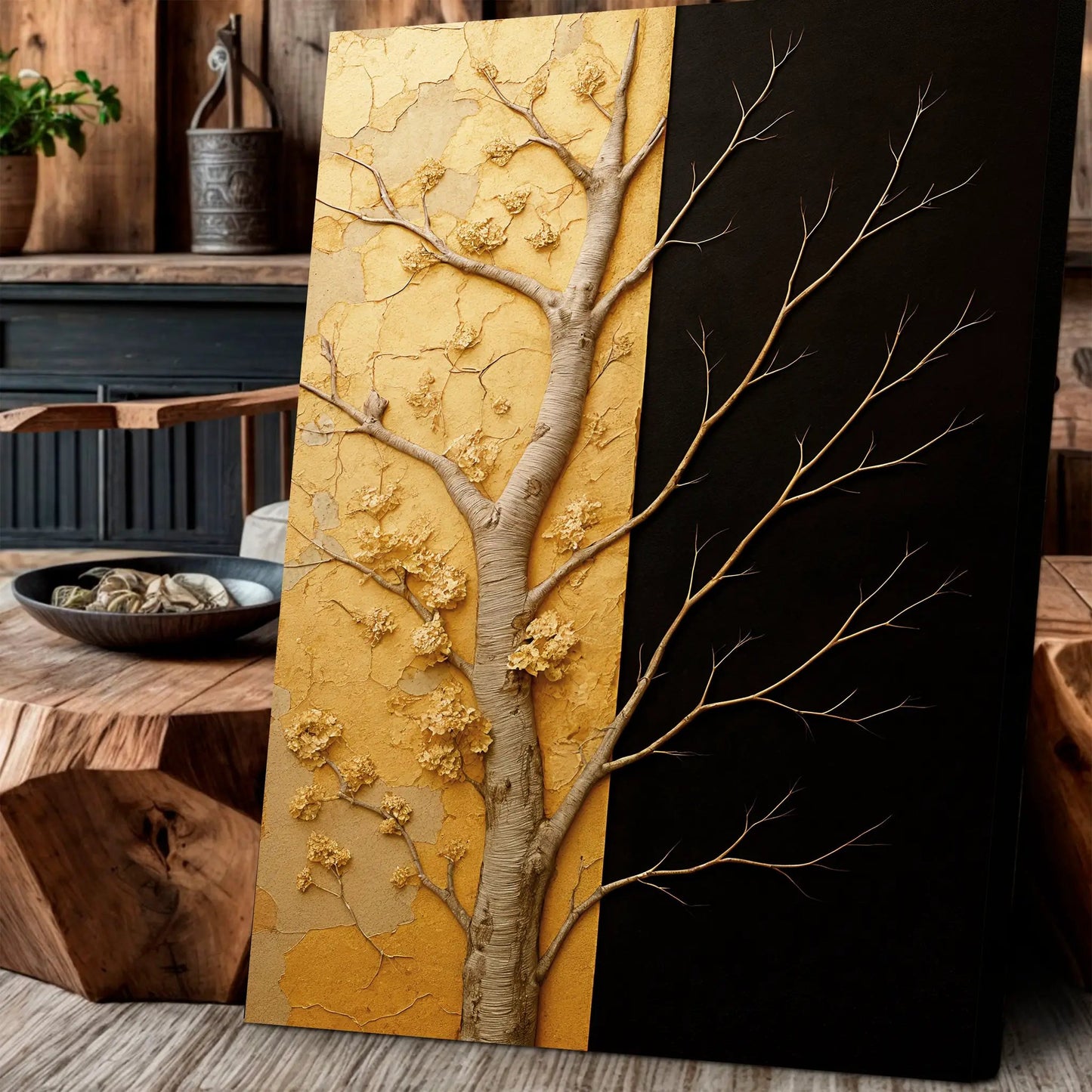 Golden Eclipse Wall Art Canvas 3-panel triptych with gold crackle texture and black panels on Tampa Home & Garden Store