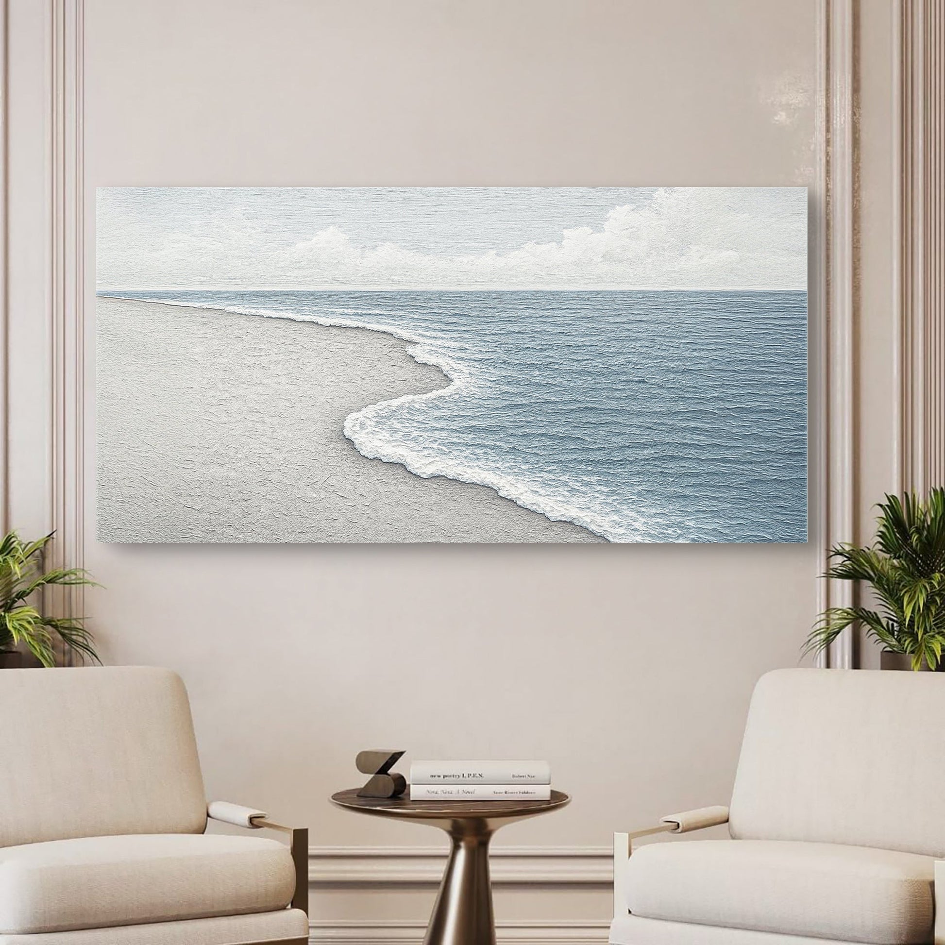 Abstract Beach Shore Wall Art crafting canvas by Tailored Canvases in neutral blues and beige, textured surface on Tampa Home & Garden Store