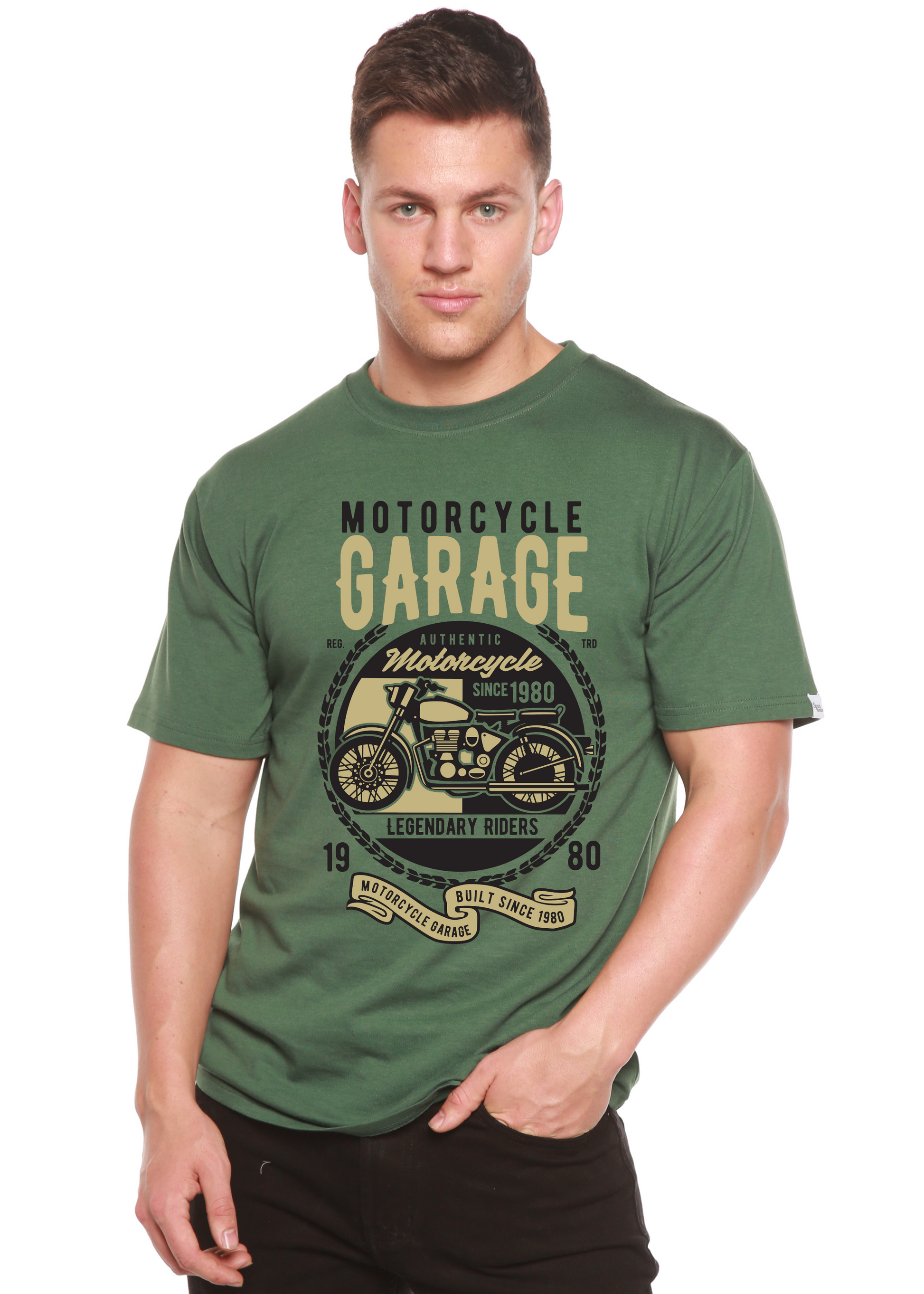 Motorcycle Garage graphic tee in olive green bamboo viscose organic cotton blend by Spun Bamboo on Tampa Home & Garden Store