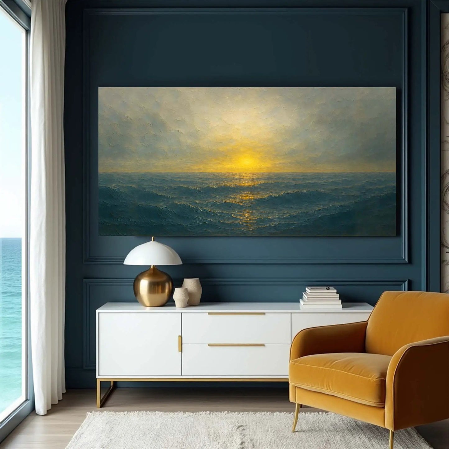 Waterscape Abstract Wall Art IV canvas by Tailored Canvases featuring ocean sunset on navy wall on Tampa Home & Garden Store