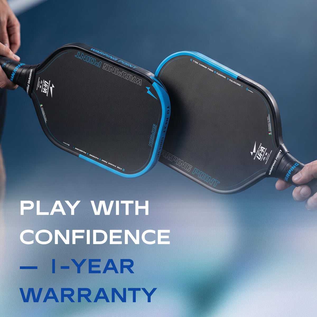 Sophon Pickleball Paddle 16mm, pair of black paddles with blue trim and carbon fiber core, Warping Point on Tampa Home & Garden Store