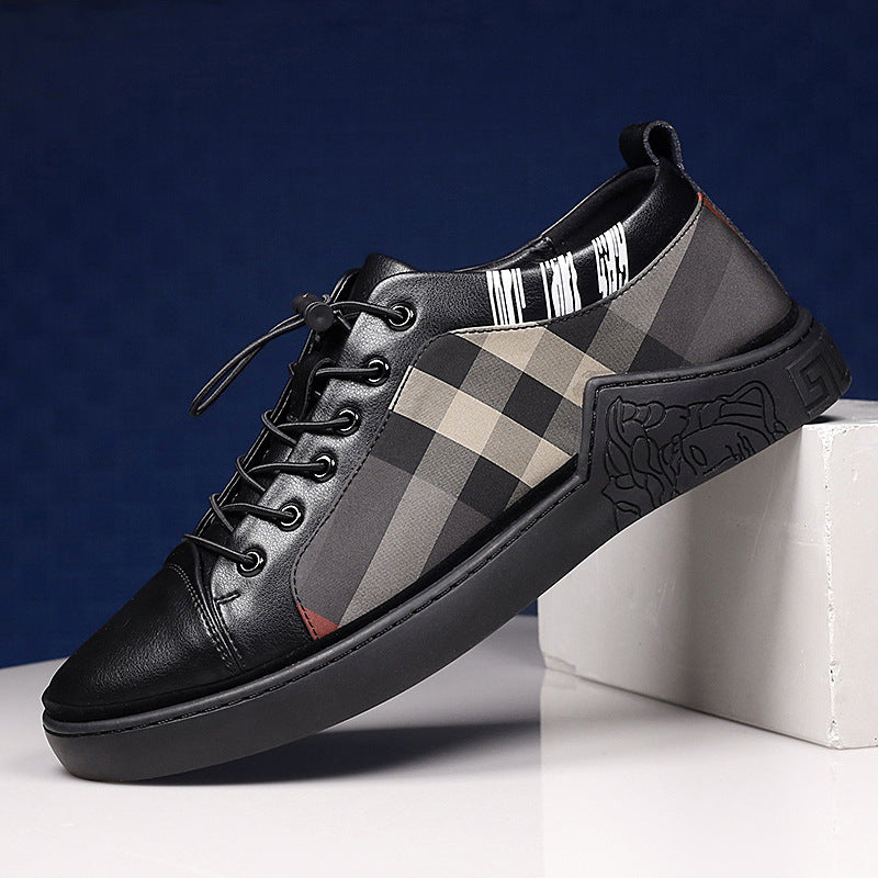 Stevvex men's summer canvas sneakers with black toe and gray plaid sides, lace-up low-top on Tampa Home & Garden Store