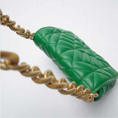 Green quilted small flap shoulder bag Stevvex with thick gold chain strap on Tampa Home & Garden Store
