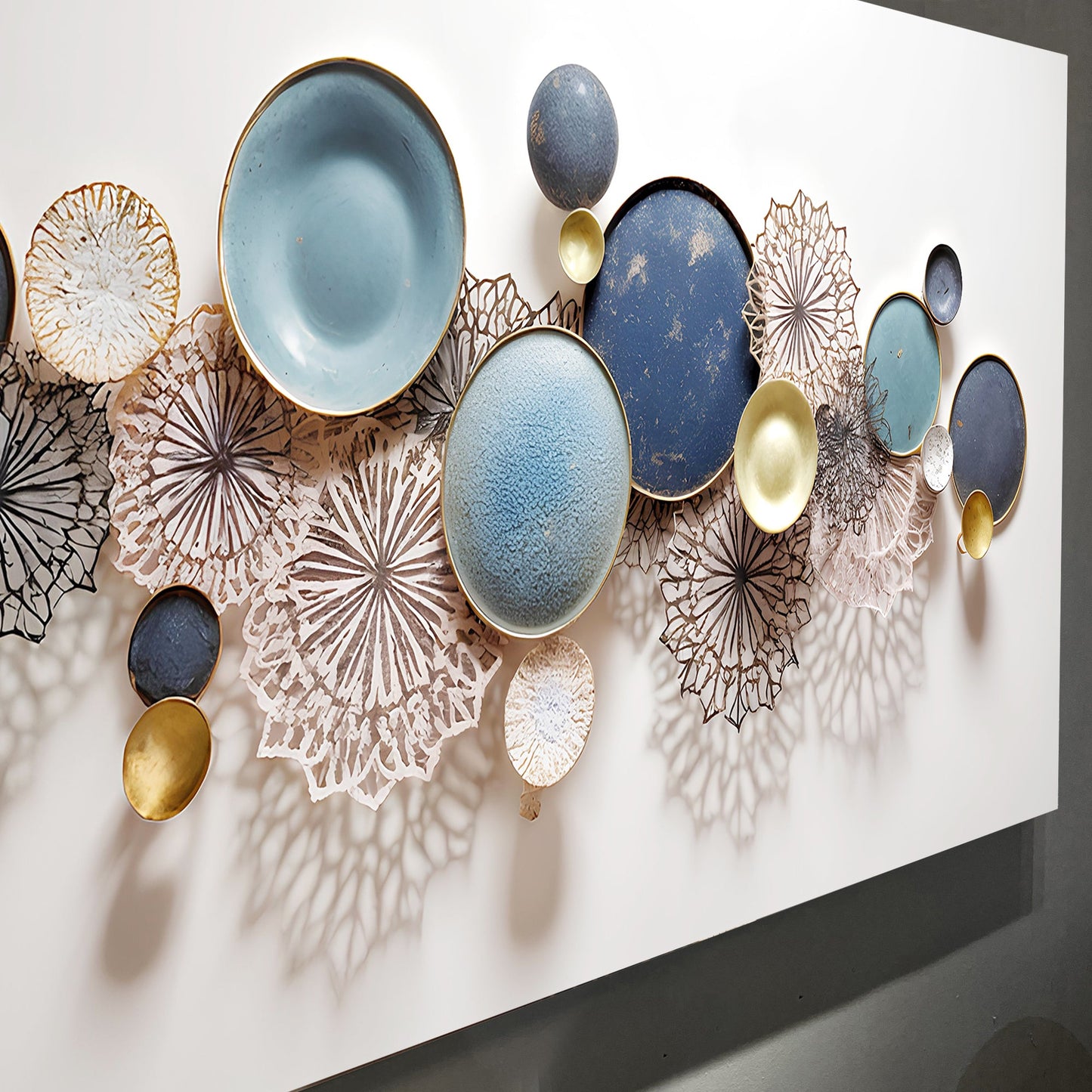 Lotus Leaf Abstract Wall Art III canvas Tailored Canvases with blue teal discs and gold rims on Tampa Home & Garden Store