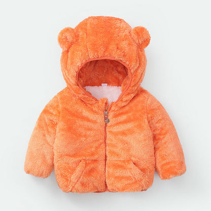 Baby fleece coat with bear ears in orange by Stevvex, zip front toddler hoodie jacket on Tampa Home & Garden Store