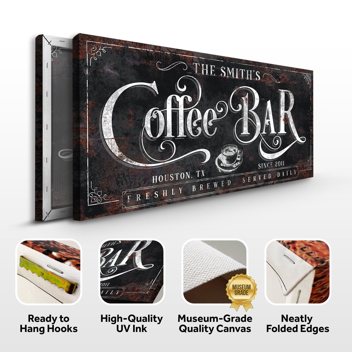 Coffee Bar Sign XI canvas by Tailored Canvases vintage rust texture with ornate white lettering on Tampa Home & Garden Store