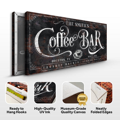 Coffee Bar Sign XI canvas by Tailored Canvases vintage rust texture with ornate white lettering on Tampa Home & Garden Store