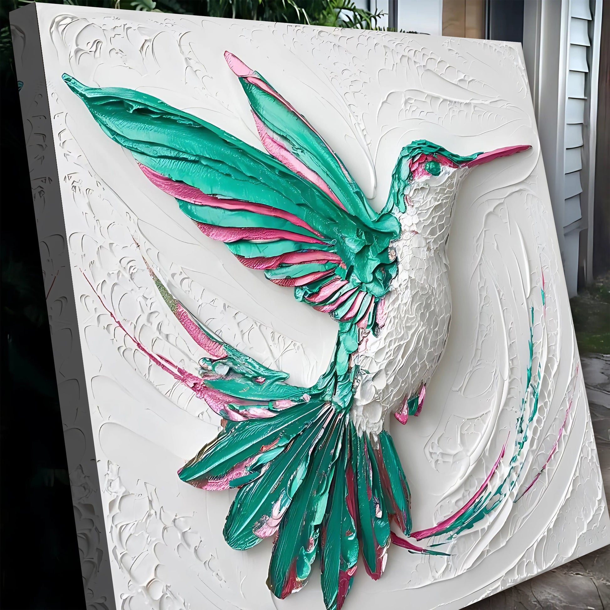 3D hummingbird canvas wall art in teal and pink with embossed texture by Tailored Canvases on Tampa Home & Garden Store