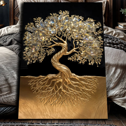 3D Minimalist Tree of Life Wall Art canvas with gold trunk and leaves on black background on Tampa Home & Garden Store