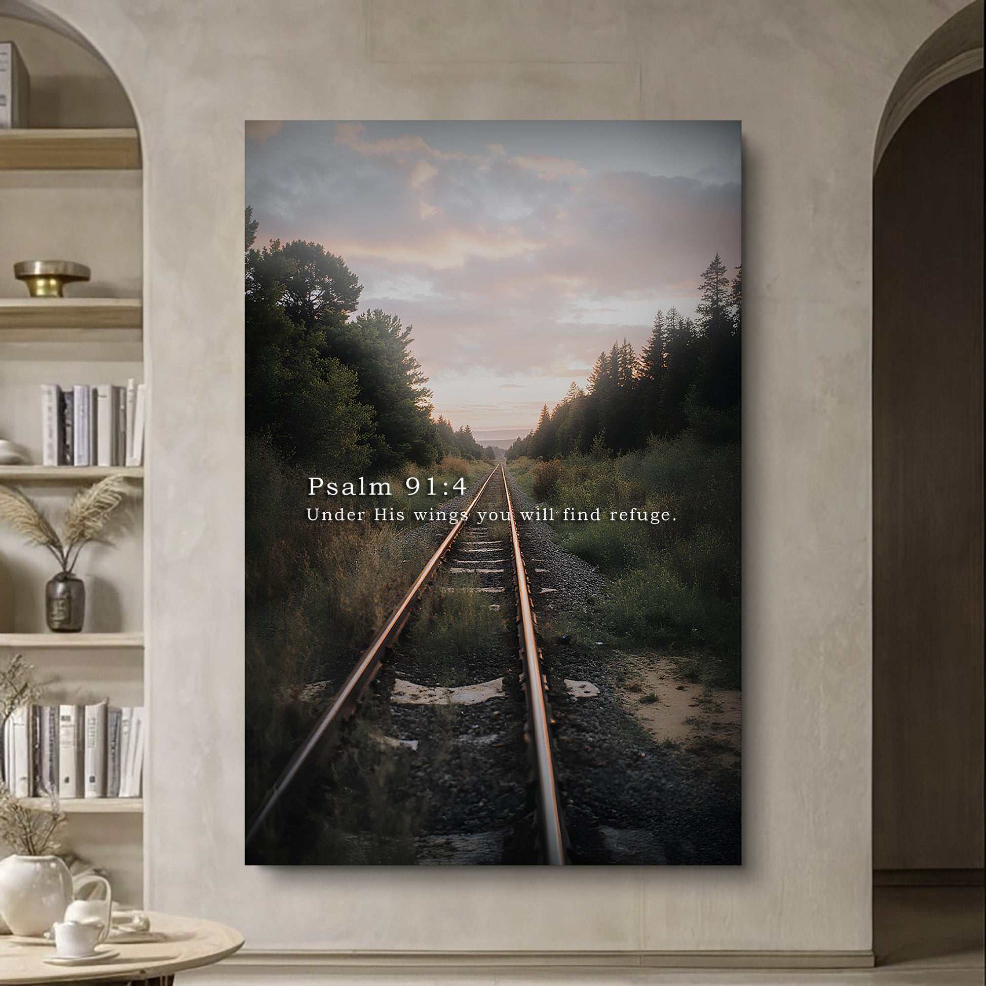 Tailored Canvases canvas wall art with sunset forest and railroad tracks, Psalm 91:4 on Tampa Home & Garden Store