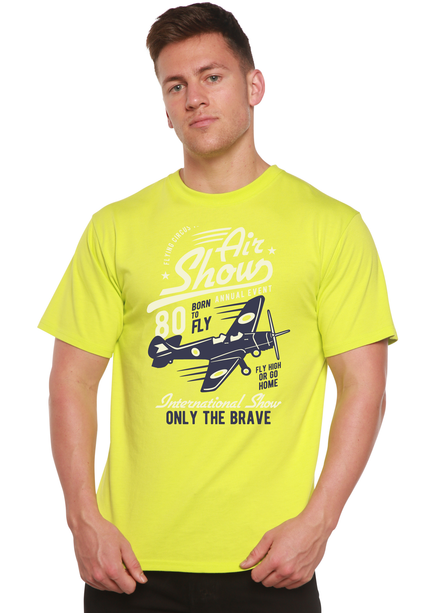 Air Show graphic T-shirt by Spun Bamboo in neon lime with airplane print on Tampa Home & Garden Store