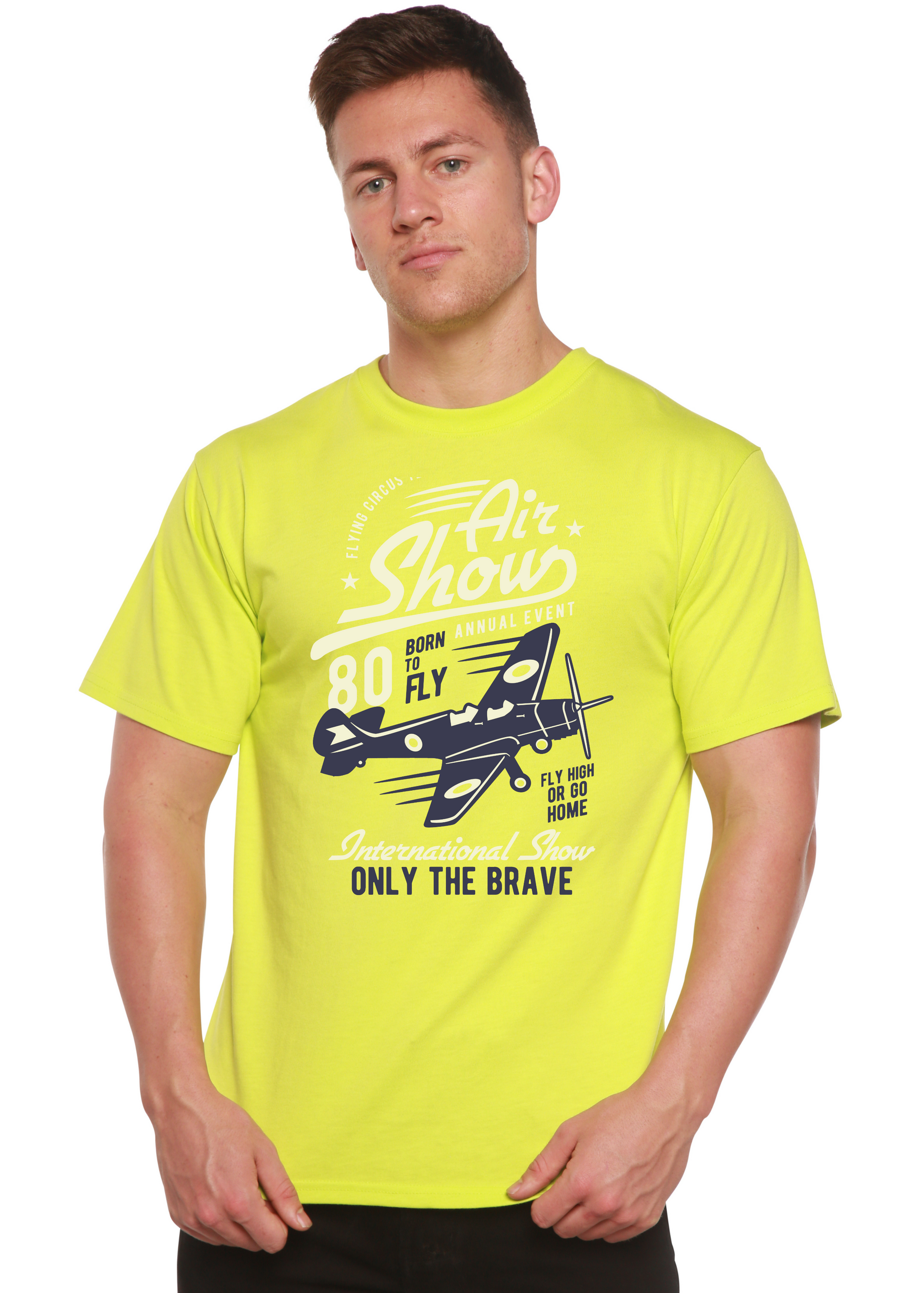 Air Show graphic T-shirt by Spun Bamboo in neon lime with airplane print on Tampa Home & Garden Store