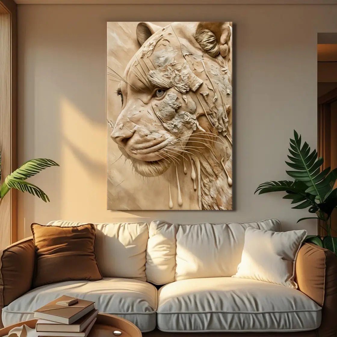 Earthen Predator Wall Art canvas by Tailored Canvases, beige textured lion portrait on Tampa Home & Garden Store
