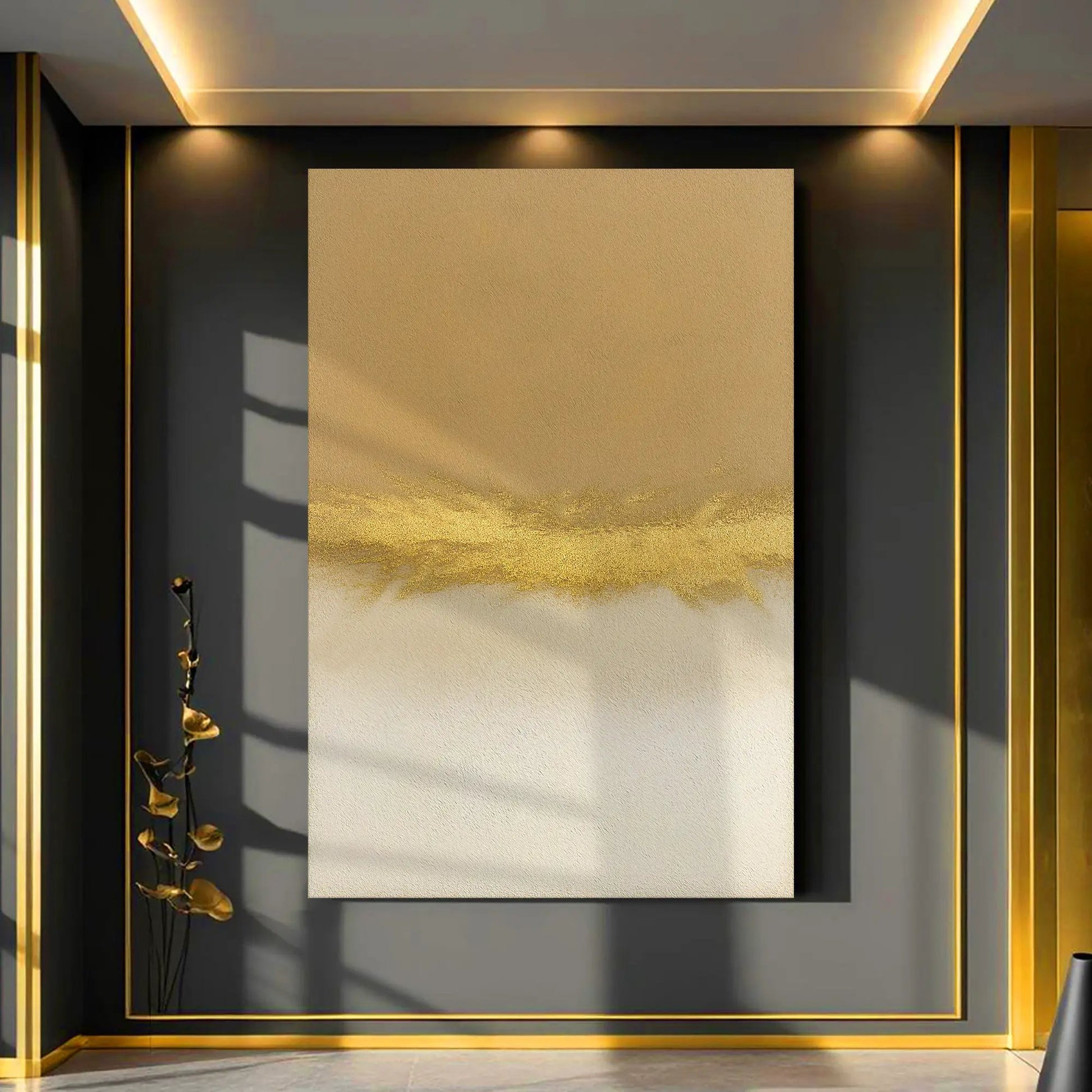 Minimalist white and gold canvas wall art by Tailored Canvases, gold textured panel on dark wall on Tampa Home & Garden Store