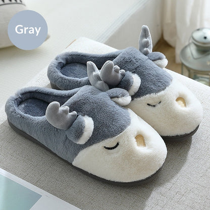 Slippers: gray Stevvex deer plush indoor house shoes, non-slip furry comfort pair on Tampa Home & Garden Store