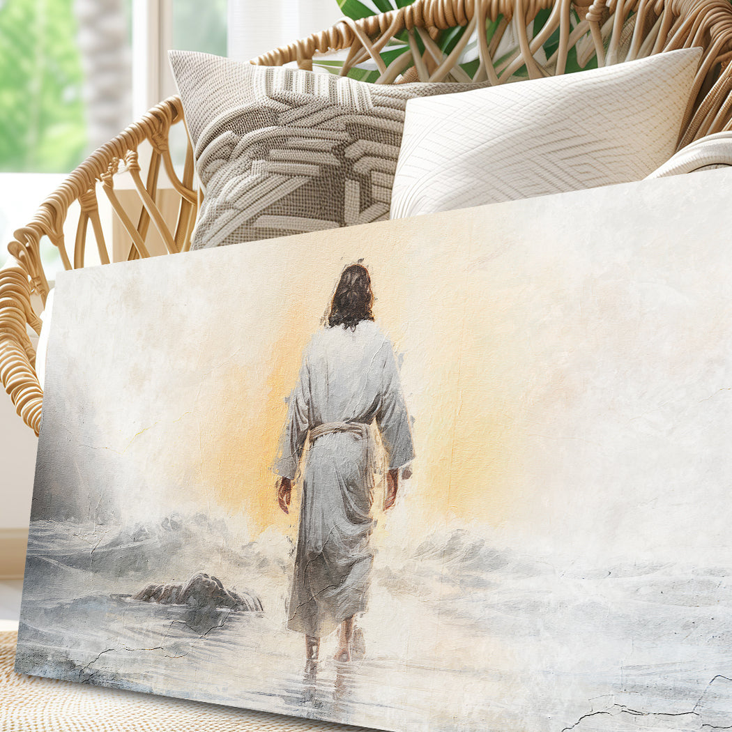 Peace Be Still Faith Wall Art canvas depicting a robed figure walking toward light over water neutral gray tones Tailored Canvases on Tampa Home & Garden Store