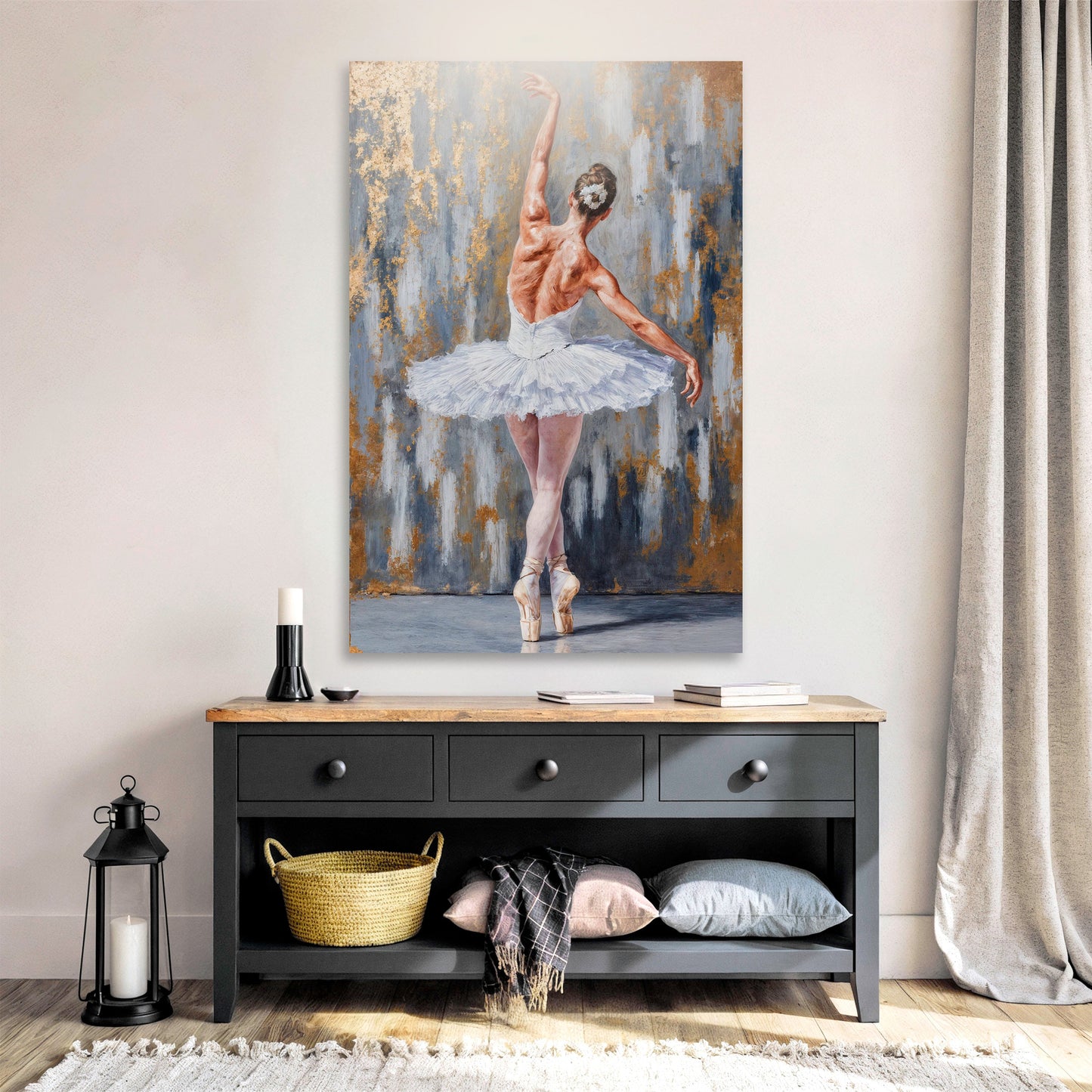 Canvas wall art Modern Ballet Elegance, ballerina in white tutu against blue backdrop on Tampa Home & Garden Store
