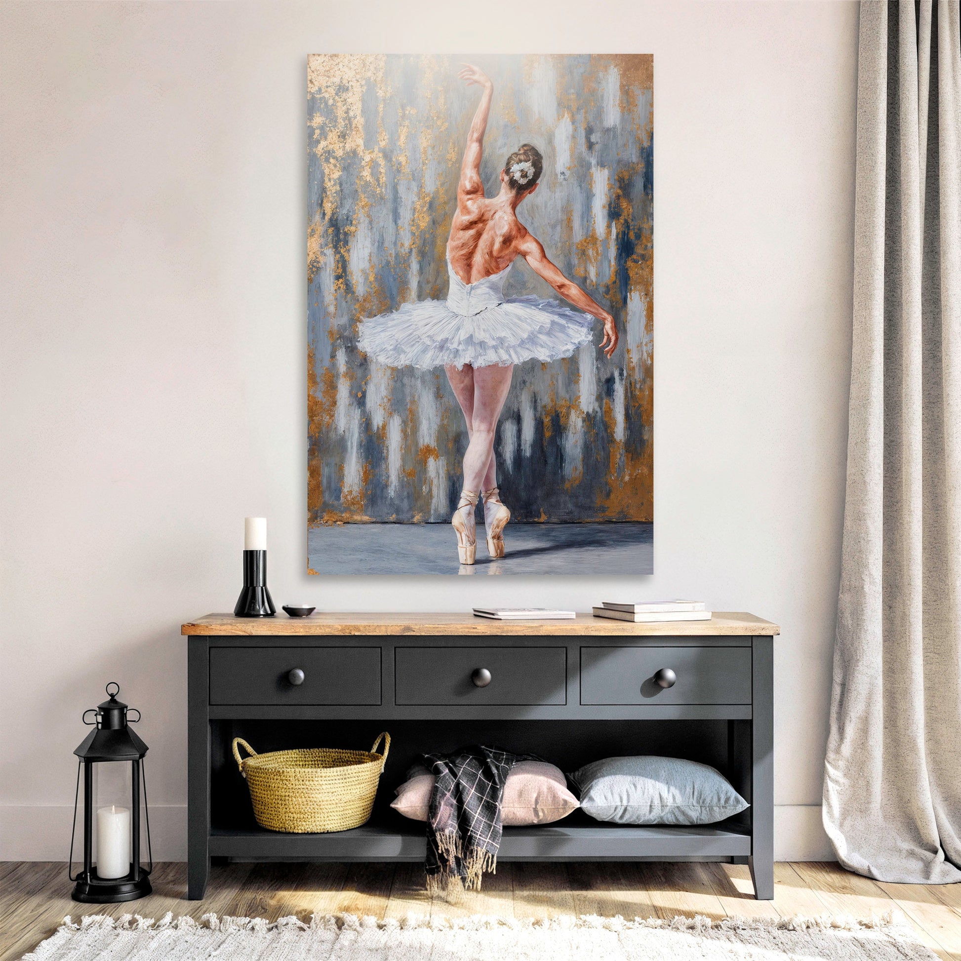 Canvas wall art Modern Ballet Elegance, ballerina in white tutu against blue backdrop on Tampa Home & Garden Store
