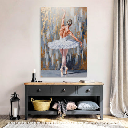 Canvas wall art Modern Ballet Elegance, ballerina in white tutu against blue backdrop on Tampa Home & Garden Store
