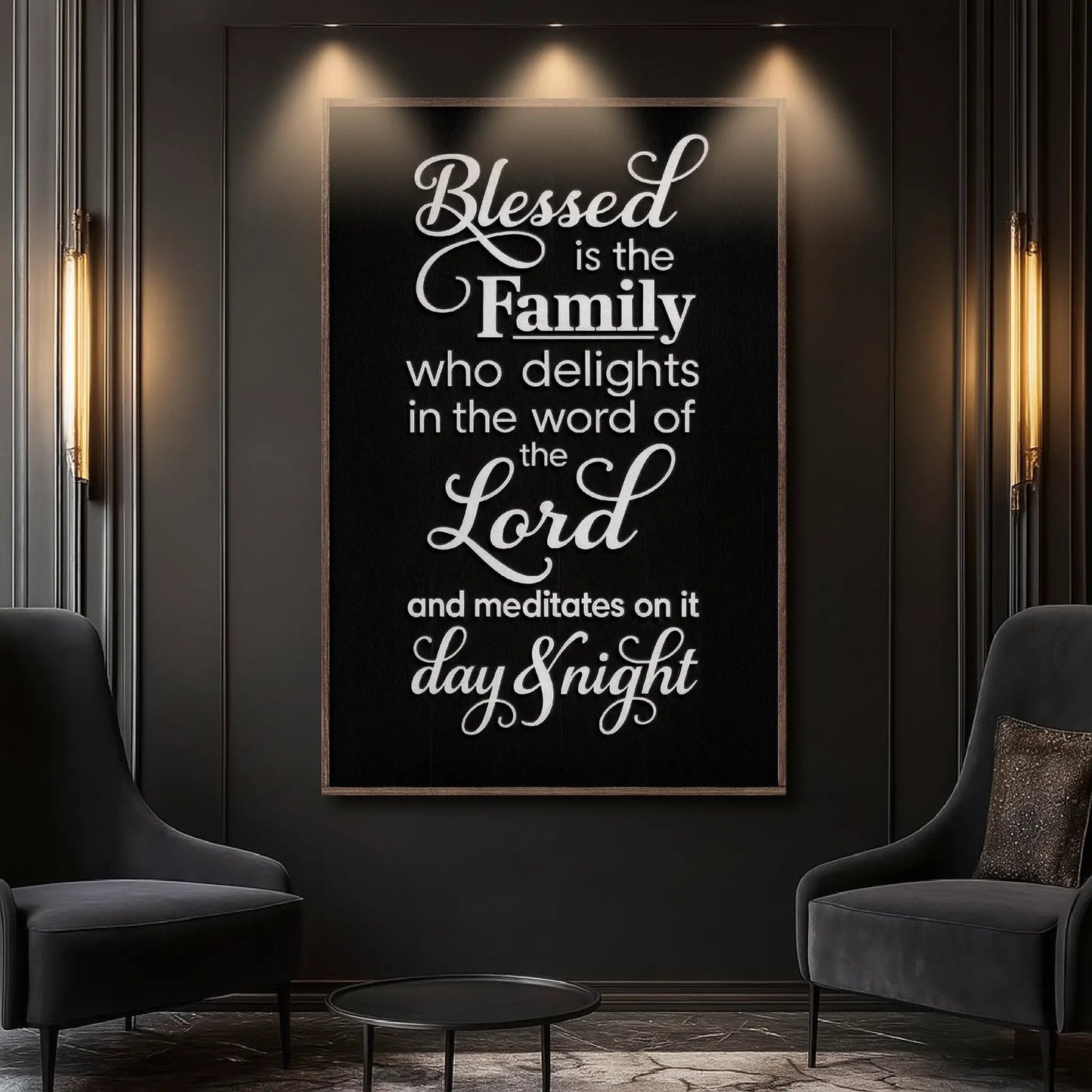 Blessed Is The Family Faith Sign II canvas by Tailored Canvases, black framed wall art with white script text on Tampa Home & Garden Store