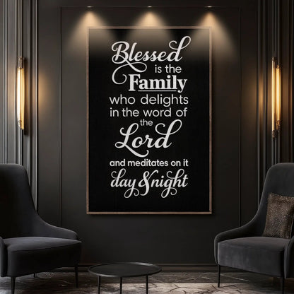 Blessed Is The Family Faith Sign II canvas by Tailored Canvases, black framed wall art with white script text on Tampa Home & Garden Store