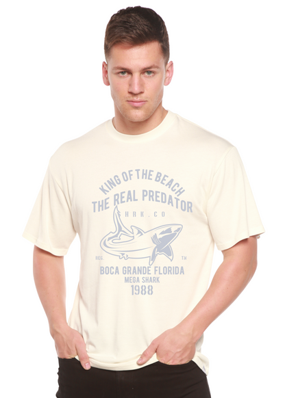 Shark Real Spun Bamboo men's cream graphic short sleeve T-shirt with light blue shark print Spun Bamboo on Tampa Home & Garden Store