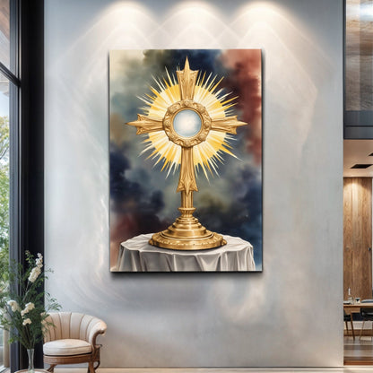 Holy Eucharist in Monstrance canvas wall art by Tailored Canvases, gold monstrance on Tampa Home & Garden Store