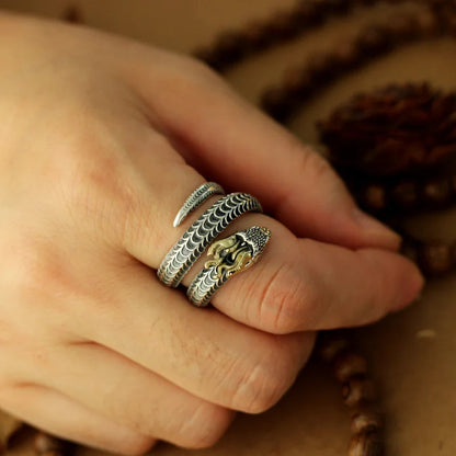 Draco Coil Ring trio with silver snake-scale bands and gold serpent head by BikerZoneZ on Tampa Home & Garden Store