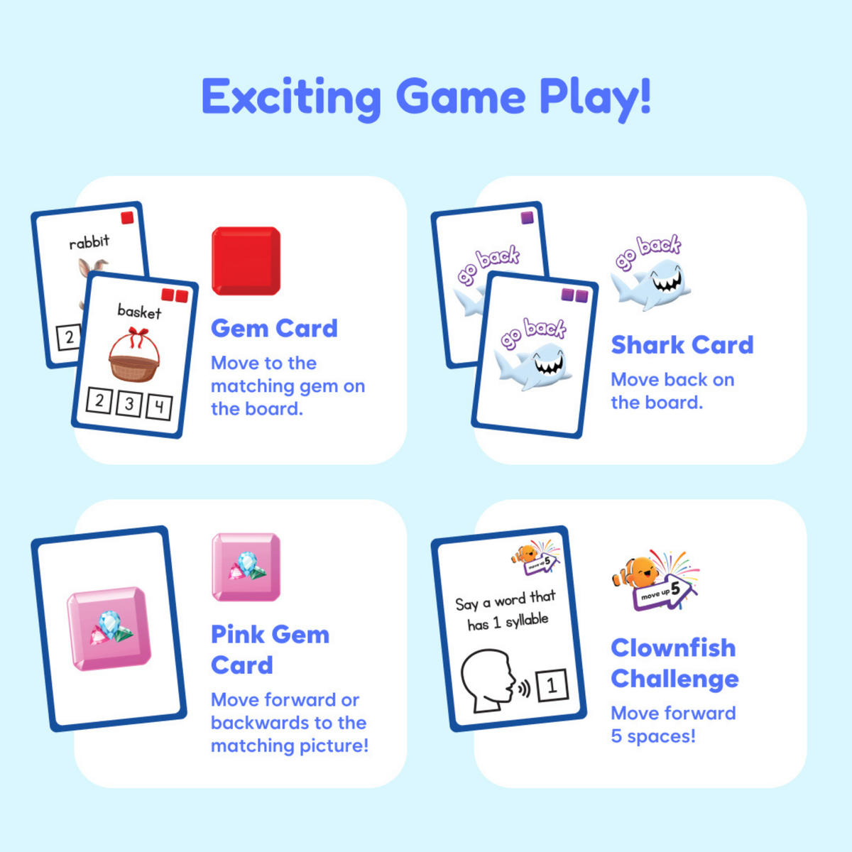 Squishyland cards by The Fidget Games with Gem Card and Shark Card on blue background on Tampa Home & Garden Store
