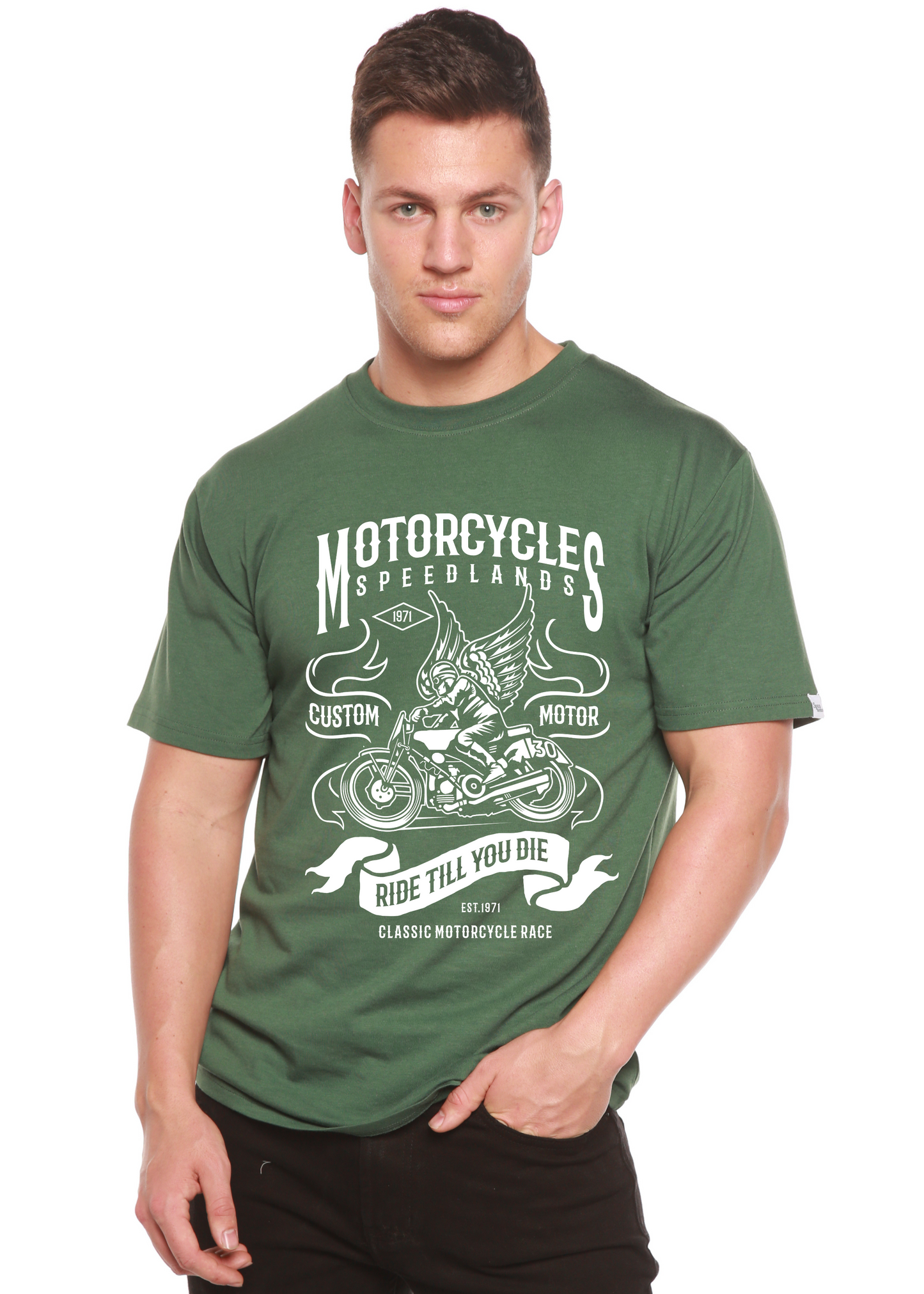 Motorcycles graphic men's T-shirt in green bamboo viscose/organic cotton blend on Tampa Home & Garden Store