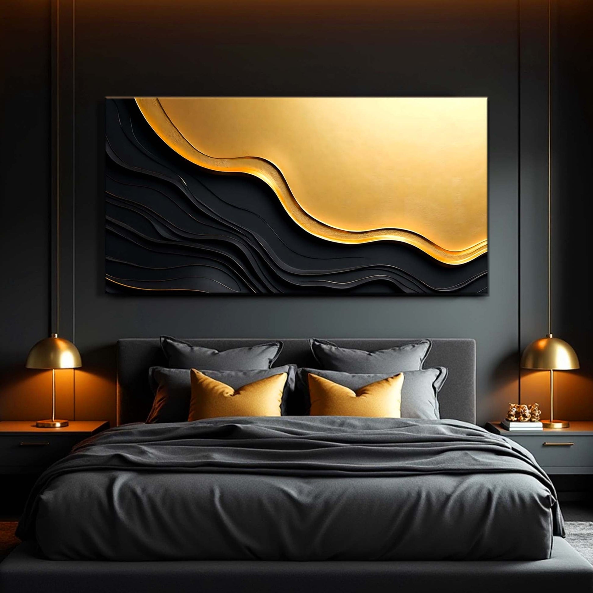 Black and Gold Abstract V canvas by Tailored Canvases with gold curved overlay on black backdrop on Tampa Home & Garden Store