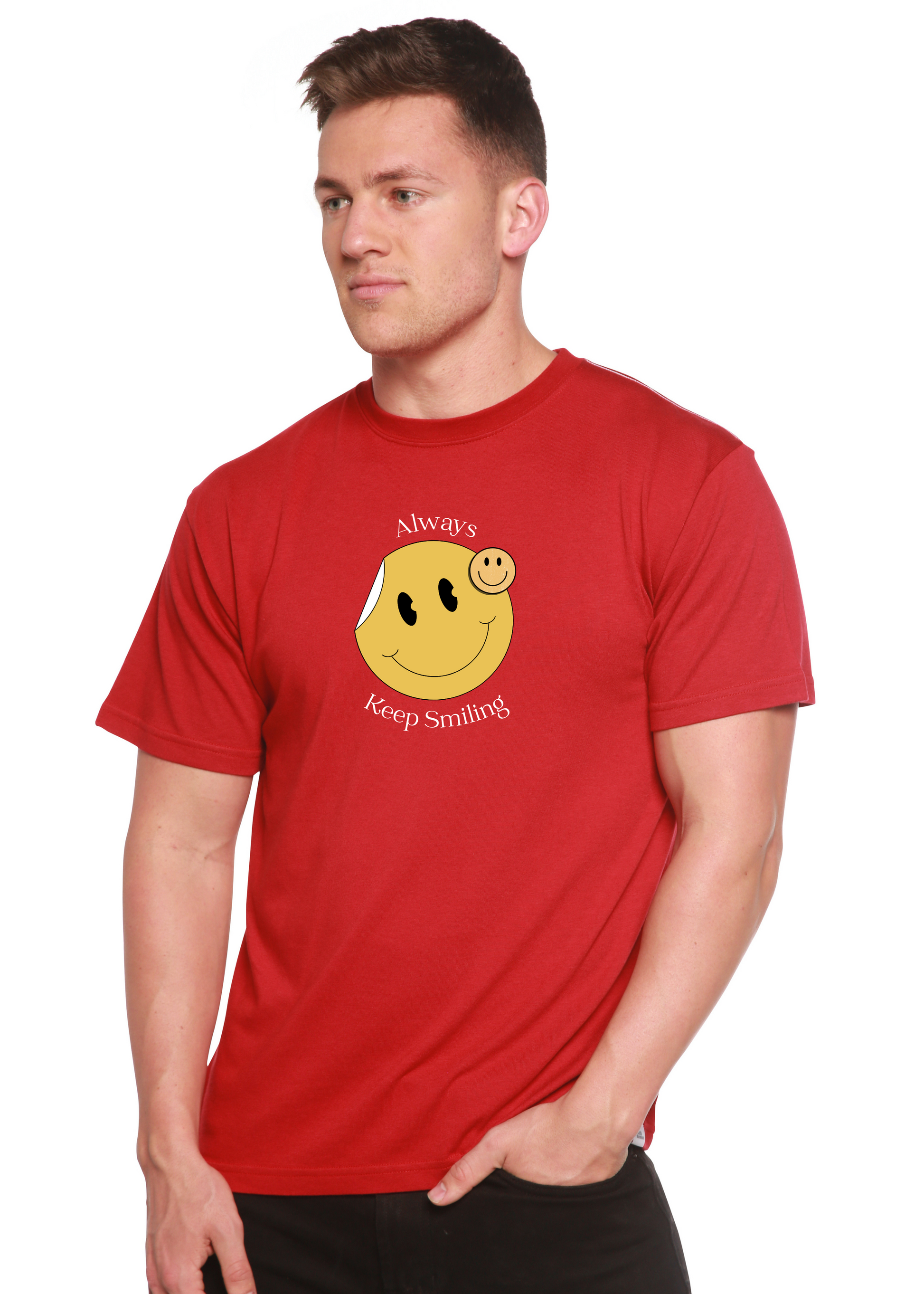 Men's red graphic T-shirt with smiley print by Spun Bamboo, bamboo viscose/organic cotton on Tampa Home & Garden Store