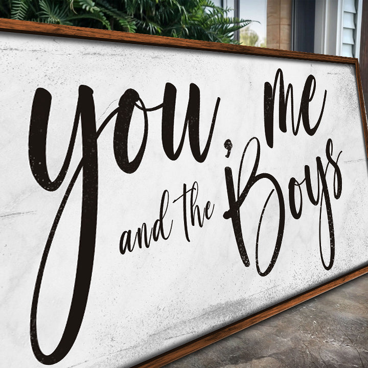 You Me and the Boys Farmhouse Bedroom Sign canvas Tailored Canvases, black script wood frame on Tampa Home & Garden Store