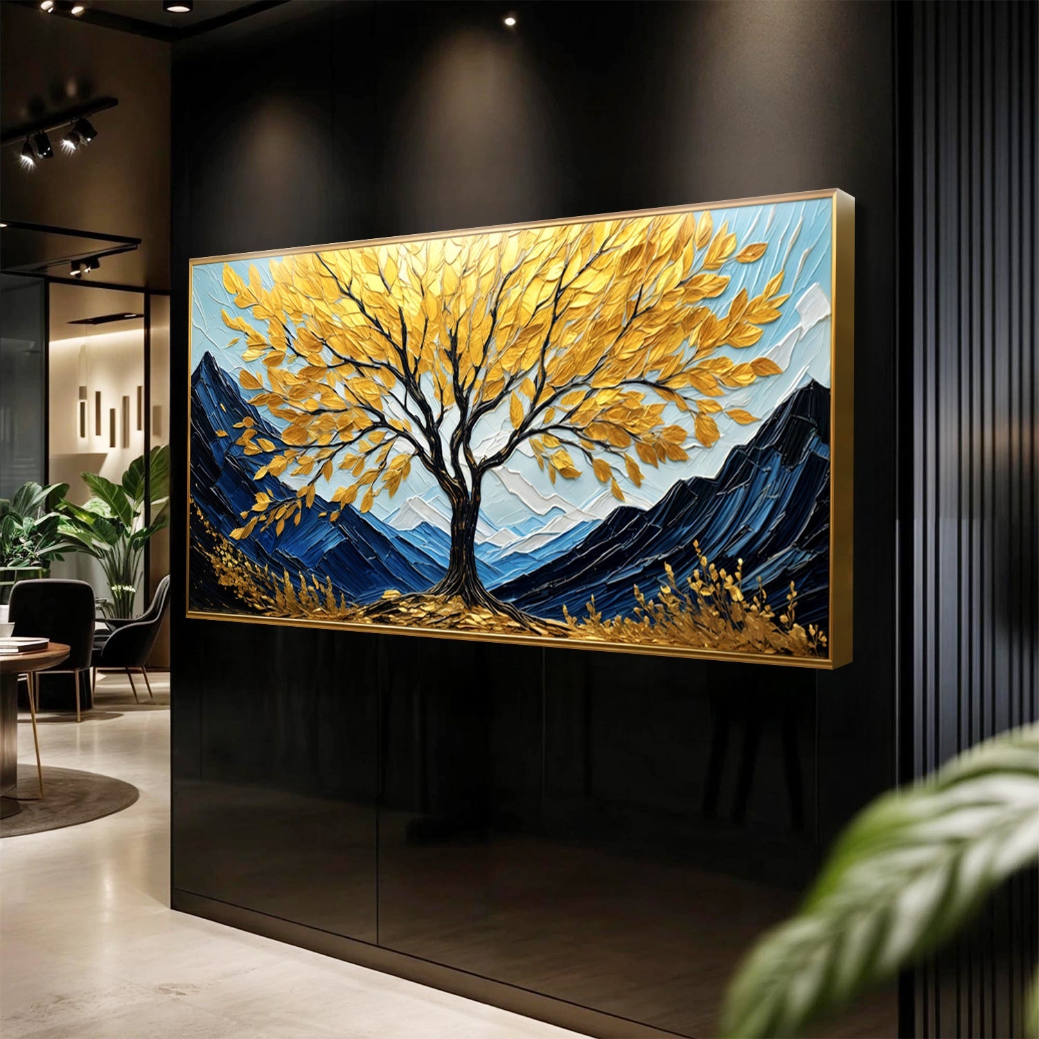 Golden Sanctuary Wall Art canvas by Tailored Canvases with golden leaves and blue mountains on Tampa Home & Garden Store