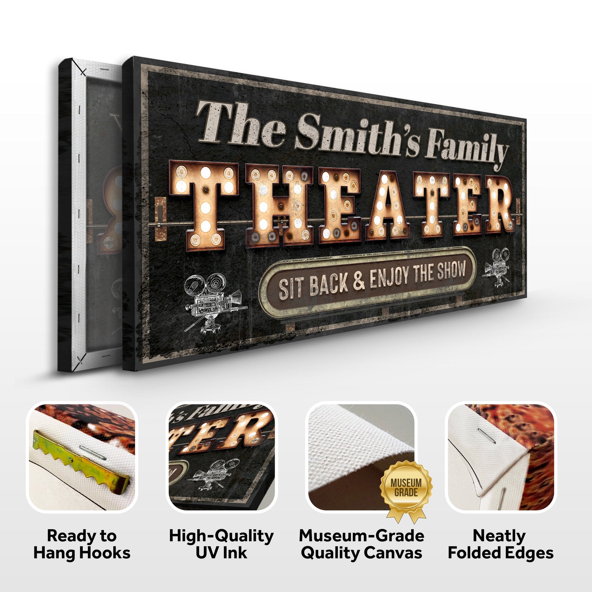 Theater Sign VIII canvas by Tailored Canvases, distressed black marquee art Smith's Theater on Tampa Home & Garden Store
