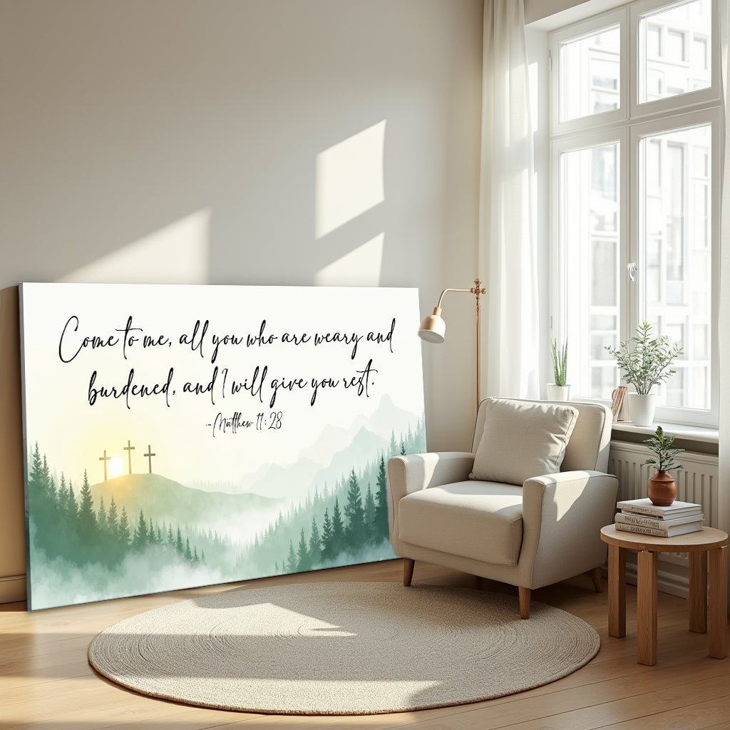 Faith canvas Come To Me Matthew 11:28 by Tailored Canvases with pastel forest and crosses on Tampa Home & Garden Store