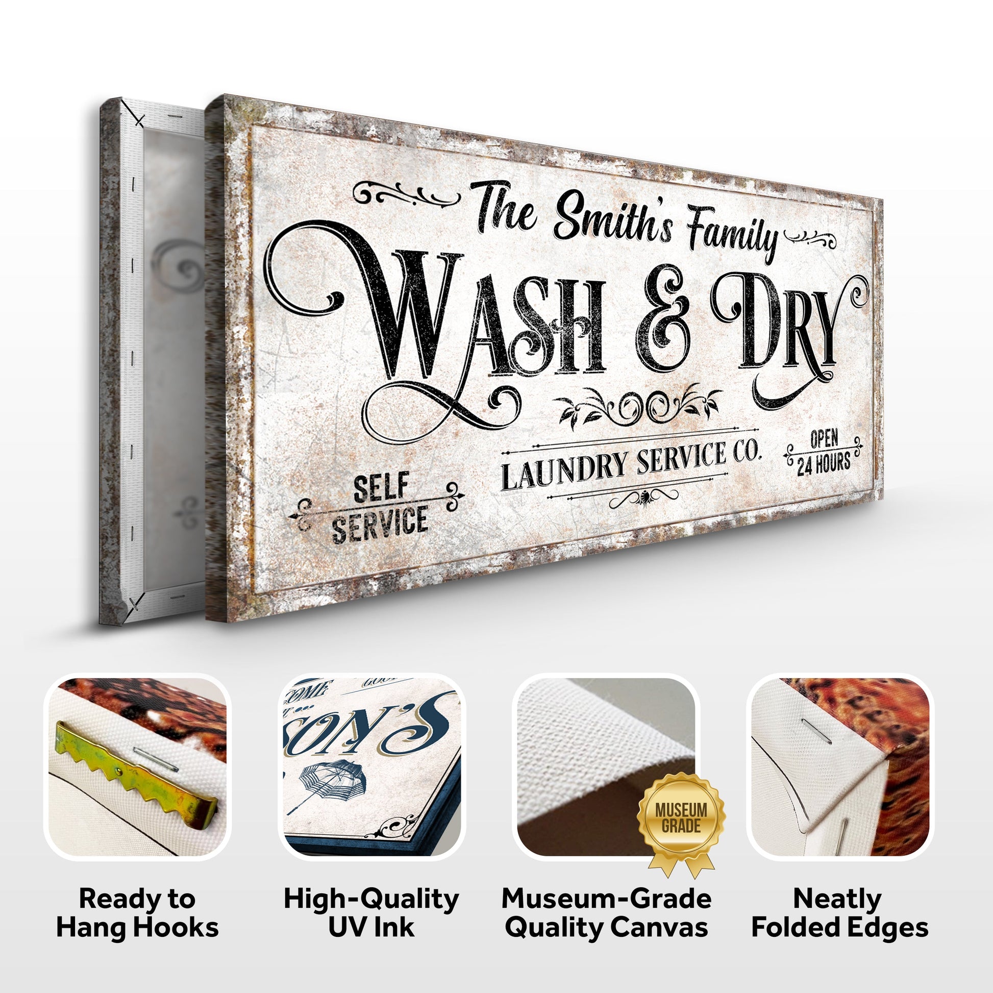 Personalized Laundry Service Sign II canvas with vintage background and black typography on Tampa Home & Garden Store