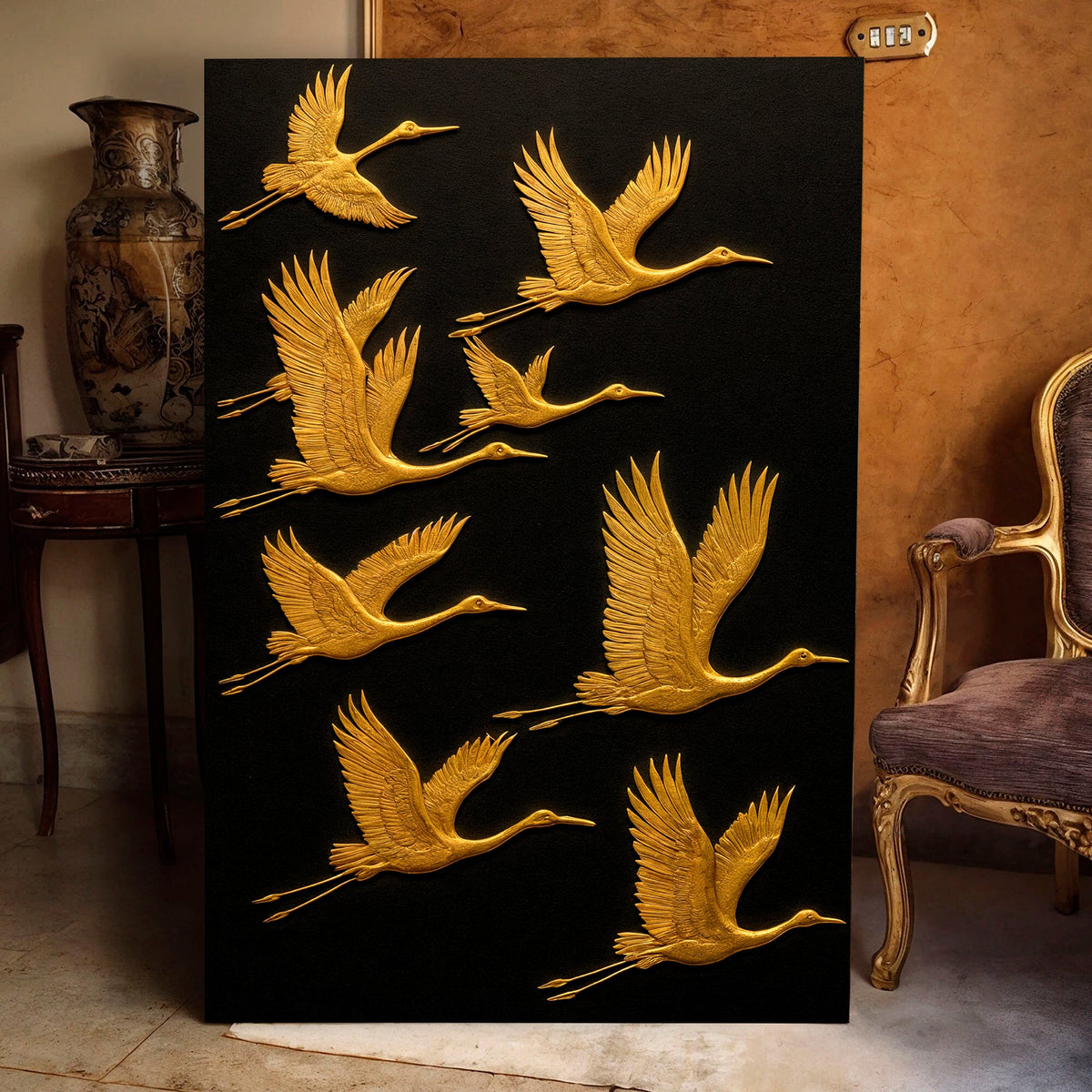 Abstract Sandhill Cranes canvas art by Tailored Canvases; gold cranes in flight on black canvas on Tampa Home & Garden Store