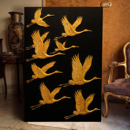 Abstract Sandhill Cranes canvas art by Tailored Canvases; gold cranes in flight on black canvas on Tampa Home & Garden Store