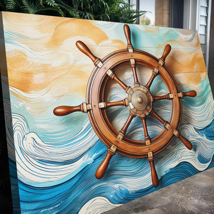 Sailboat Ship Wheel Coastal Wall Art II canvas by Tailored Canvases in nautical blue gold tones on Tampa Home & Garden Store