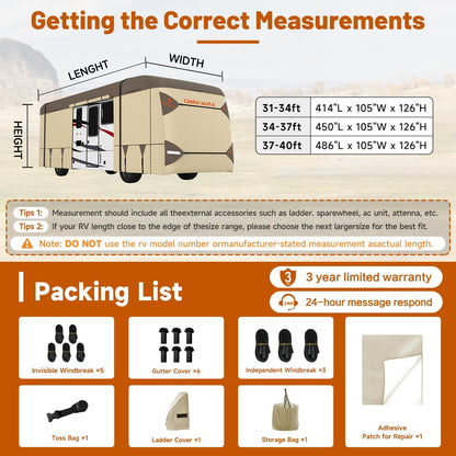 Umbrauto Class A RV cover khaki, 7-layer heavy-duty windproof breathable top on Tampa Home & Garden Store