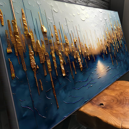 Golden Forest Reflection Abstract Wall Art canvas with gold strips on teal Tailored Canvases on Tampa Home & Garden Store